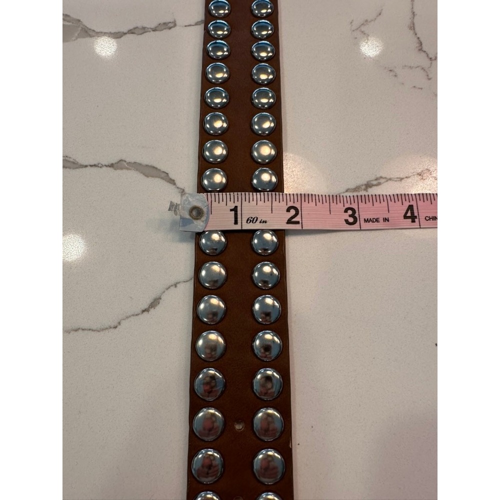 Womens Brown‎ Western Studded Belt Rhinestone Buckle Silver Studs Faux Leather - Picture 4 of 7